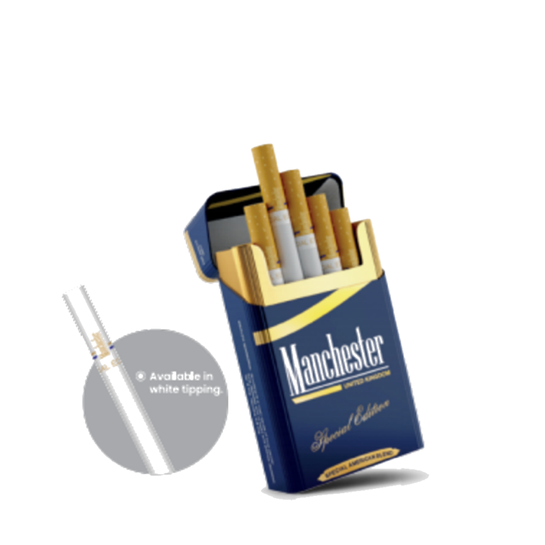 Manchester Special Edition Blue cigarette pack with white tipping detail
