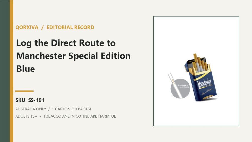 Qorxiva editorial record for Manchester Special Edition Blue Cigarettes - 1 Carton (10 Packs) and SKU SS-191